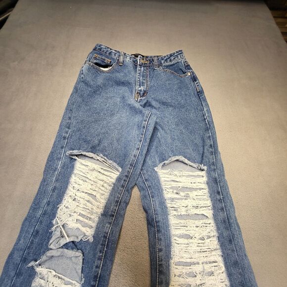 Pretty Little Thing Jeans Womens 4 Blue Boot Cut Distressed Stretch Denim - Picture 2 of 10